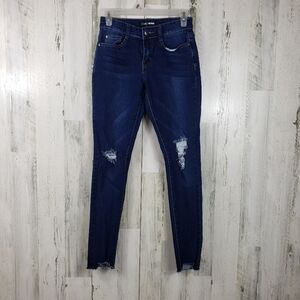 Fashion nova dark wash ripped, raw hem skinny jeans juniors size 3/4